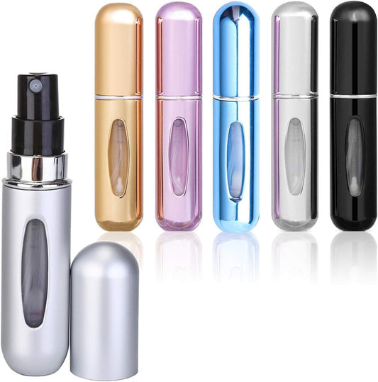 Perfume atomizer bottle set with viewing windows in gold, purple, blue, silver, and black