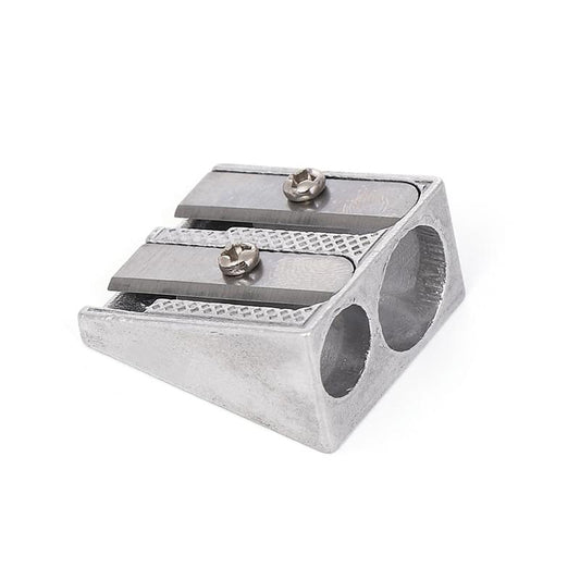 Metal double-hole pencil sharpener with two sharpening slots, silver body.