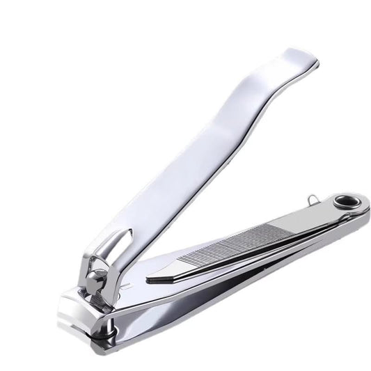 Stainless steel nail clipper with curved handle and trimming lever, close-up