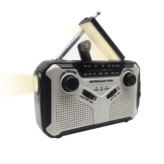 Gray emergency hand-crank radio power bank with AM/FM dial and flashlight