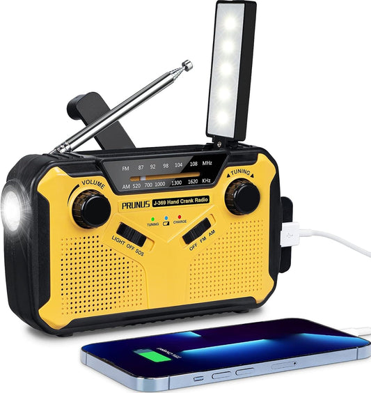 Yellow emergency radio power bank with LED flashlight strip and AM/FM controls