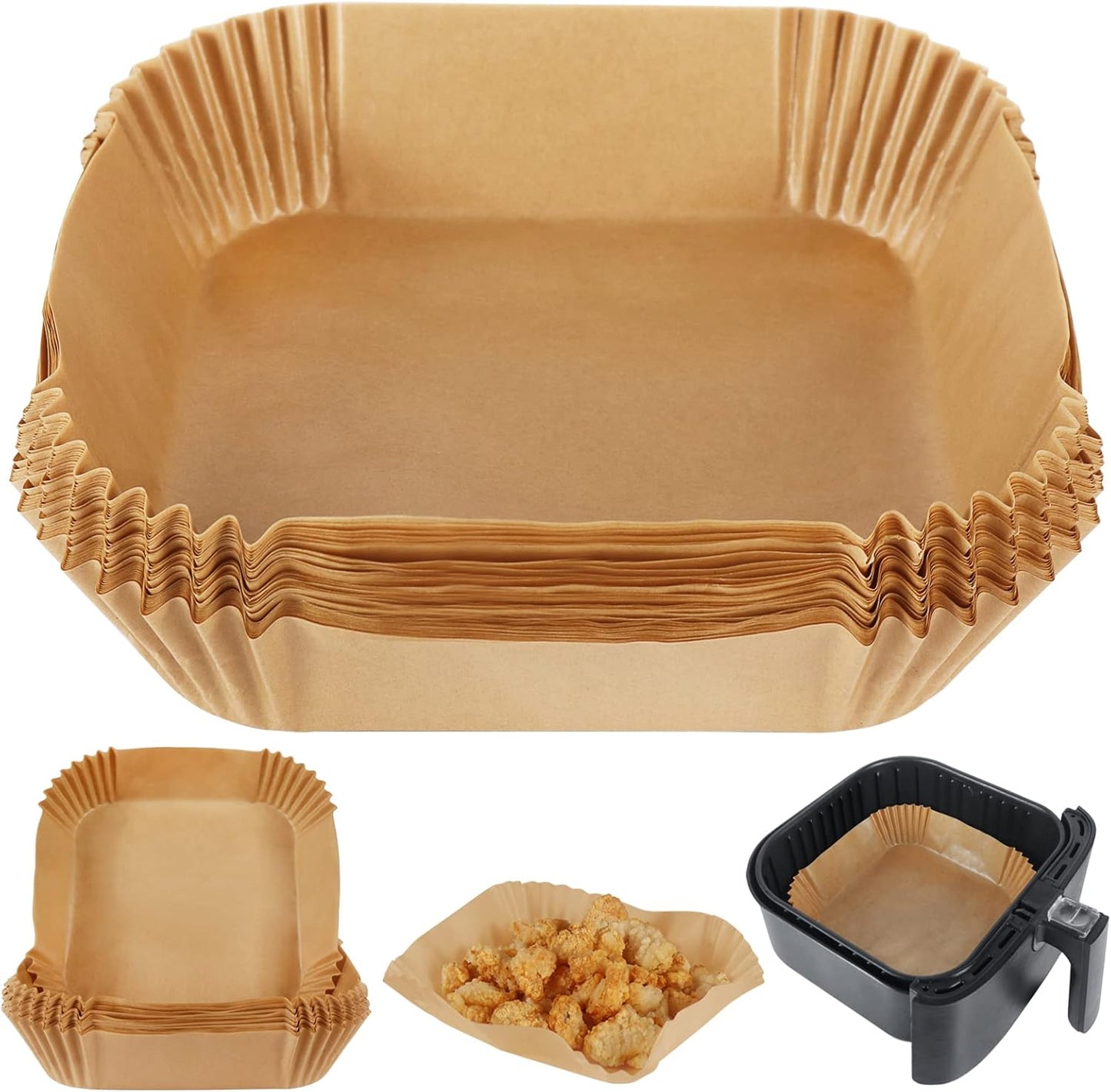 Disposable Airfryer Paper Square - Set of 100 - Brown - Greaseproof Baking Paper for Airfryer - Square Shape