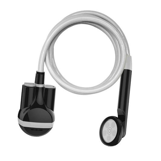 Rechargeable camping shower with black handle, round spray head, and clear hose loop