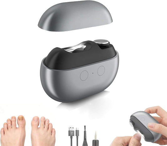 Electric nail clipper with gray housing and included grinding head tools, held in hand