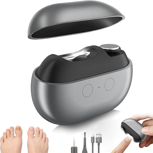 Electric nail clipper with open top and grooming attachment heads