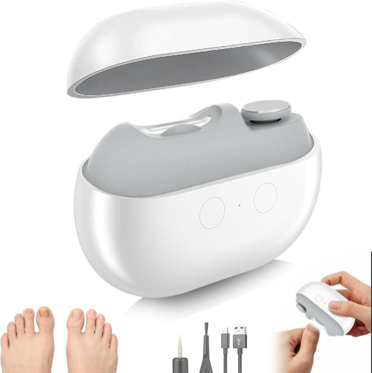 White electric nail clipper with gray lid and polishing head, plus accessory attachments.