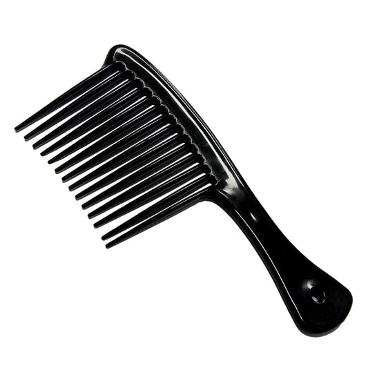 Black large wide-tooth detangling comb with rounded handle and evenly spaced teeth