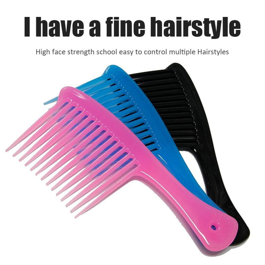 Detangling comb set with wide teeth, pink and blue combs, black comb behind