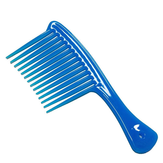 Blue wide-tooth hair detangling comb with long handle and spaced teeth