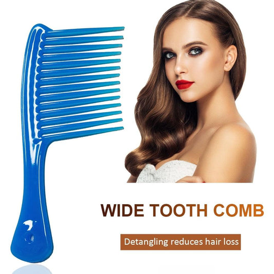 Blue wide-tooth detangling comb with curved handle and evenly spaced teeth