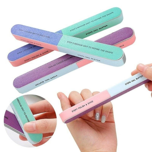 7-way nail file and buffer with purple, teal, pink, and blue sanding surfaces