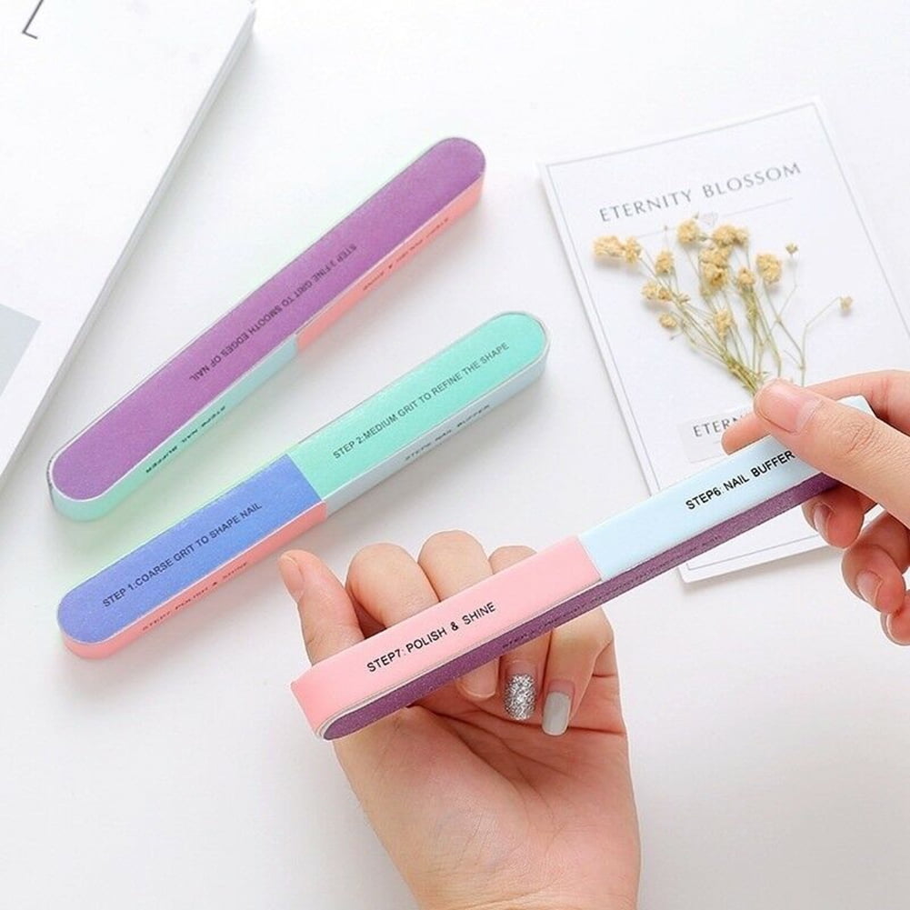Visland 7 Way Nail File and Buffer Block Nail Buffering Files 7 Steps Washable Emery Boards Professional Manicure Tools Random Color-1PC