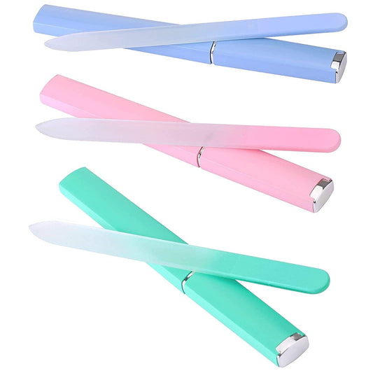 3-pack glass nail files with light blue, pink, and mint handles