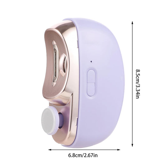 Light purple electric nail trimmer with metal grinding opening and side button