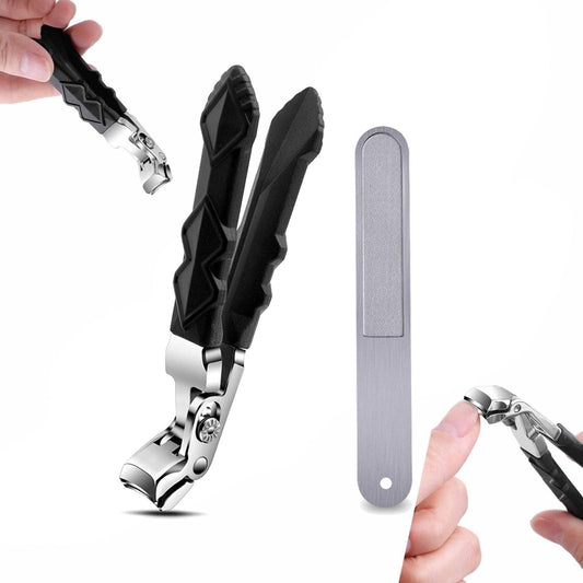 Toenail clippers with long angled head, black grip, stainless blades and catch bar