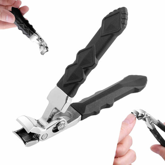 Angled toenail clippers with long black handle and stainless steel cutting head