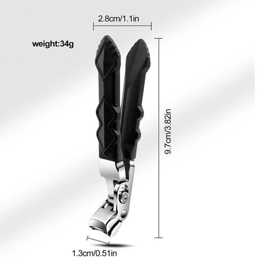 Angled toenail clipper with long black textured handle and shiny stainless blade