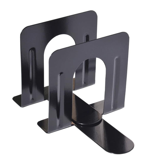 Black metal bookend set with two U-shaped supports and base feet