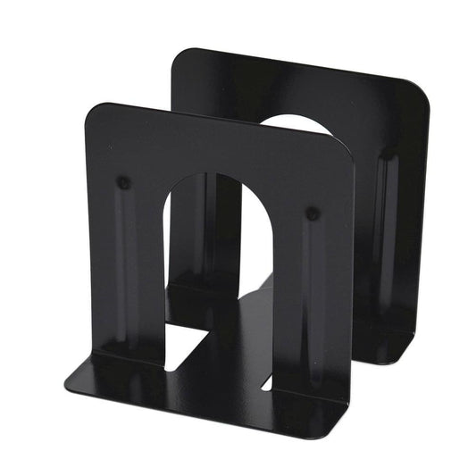 Black metal bookend set with arched supports and flat base, side view