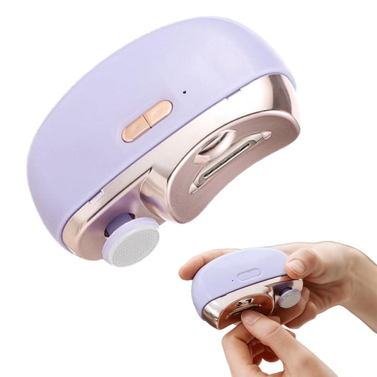 Purple electric nail clipper with safety cutting opening and hand-held grip