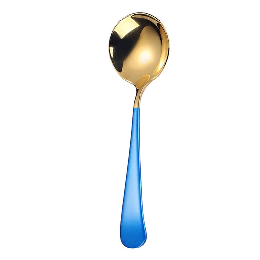 Stainless steel spoon with gold bowl and blue handle.