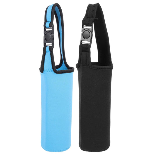 Water bottle pocket sleeve set, blue and black, with carry strap and buckle