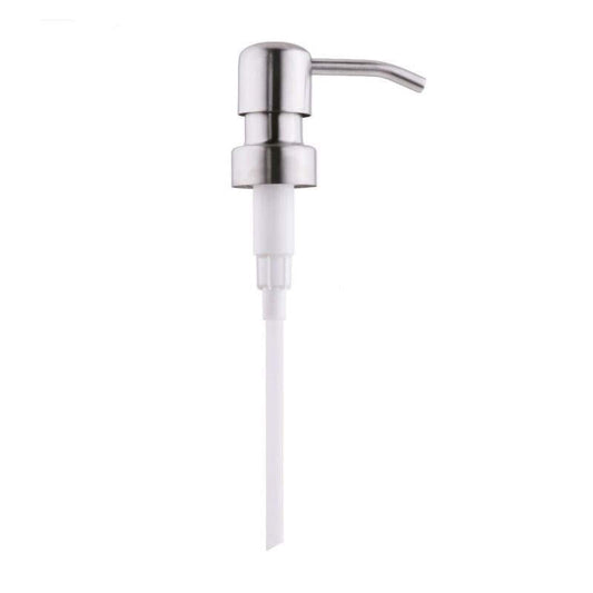 Liquid foundation pump with silver top and white tube, angled dispensing spout