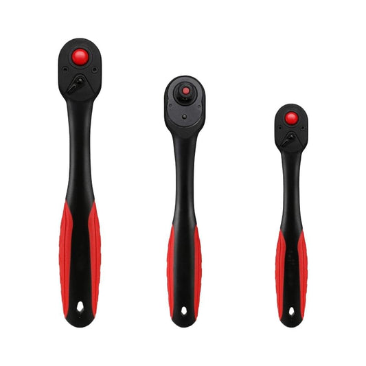 Black ratchet wrench with red button and red grip accents, quick-release head