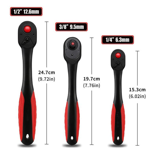 Set of three black ratchet wrenches with red grip accents and rounded heads
