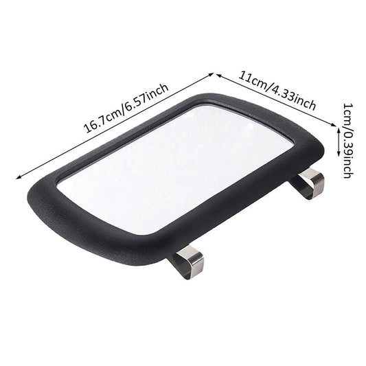 Rectangular vanity mirror with black frame and two metal mounting clips