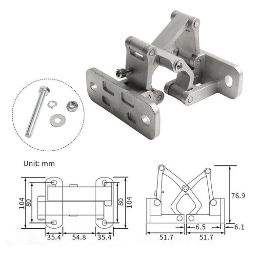 Stainless steel hinge bracket with screws and washers, with size diagram