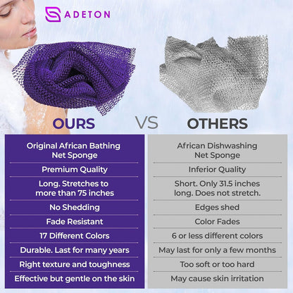 African Net Sponge, Authentic, Real, Exfoliating Bath Wash Cloth, Long Sponge, Body Exfoliator, Sapo, Shower Bath Accessories, Back Foot Scalp Scrub, Flat Dead Skin Remover, 31.5x11.8 31.5" x 11.8" Purple
