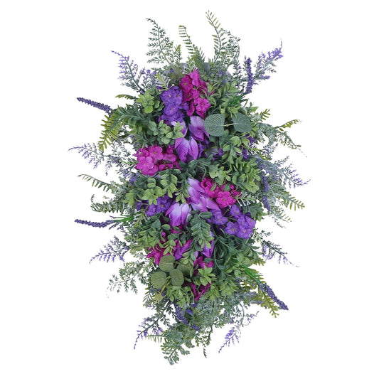 Purple, pink and green artificial floral wreath with mixed leaf and sprig foliage