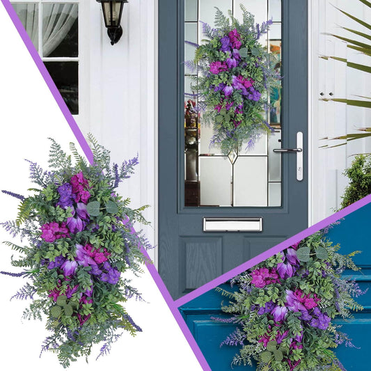 Purple, pink and green artificial floral wreaths on a doorway, multi-view