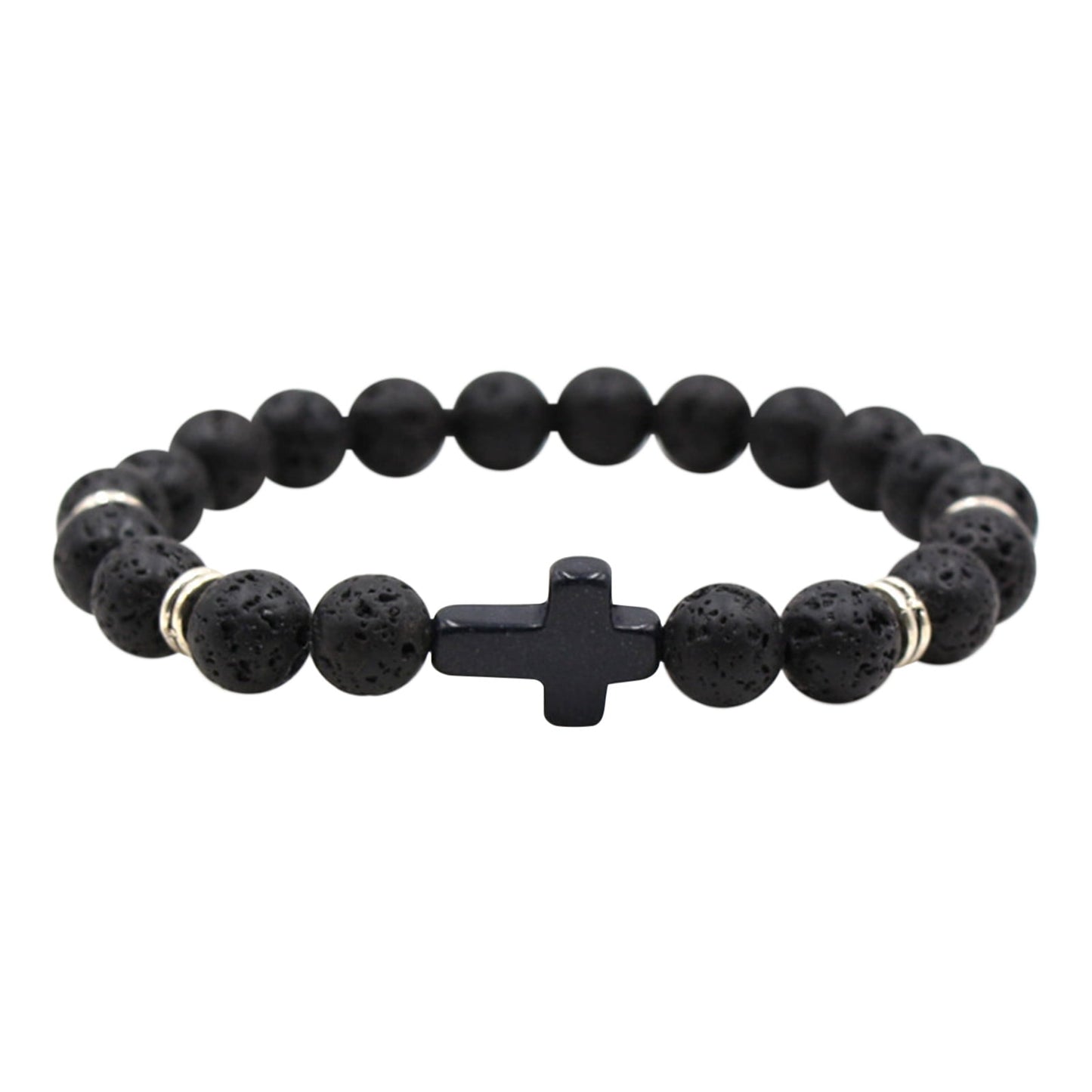 Natural Stone Black Cross Stretch Bracelet Elastic Thread Beaded Unisex Jewelry - One Size Fits Most Wrist, Spiritual Healing Crystal Bead Gift, Grey