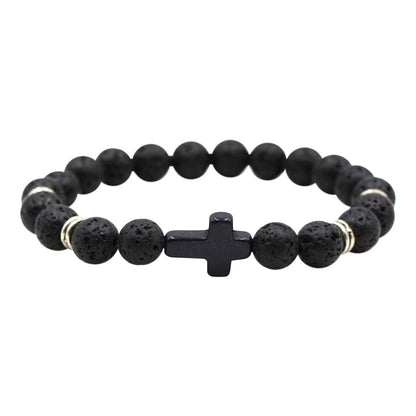 Natural Stone Black Cross Stretch Bracelet Elastic Thread Beaded Unisex Jewelry - One Size Fits Most Wrist, Spiritual Healing Crystal Bead Gift, Grey