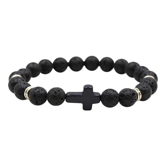 Natural stone beaded bracelet with dark cross charm on elastic cord, unisex fit