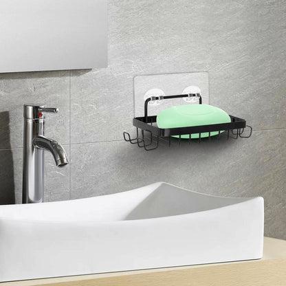 Shower Soap Holder with 4 Hooks, Stainless Steel Adhesive Soap Dish, Wall Mounted Draining Soap Holder for Shower, Bathroom, & Kitchen, Bar Soap Holder & Razor Hanger, 6.69x3.35x0.98 6.69" x 3.35" x 0.98" Black