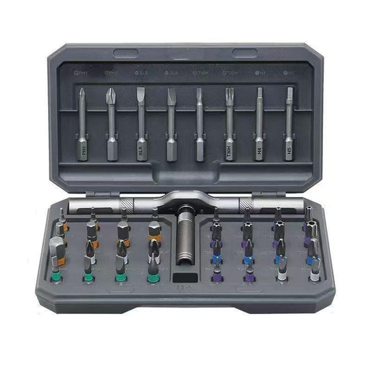Screwdriver bit set in gray storage case with detachable ratchet handle and assorted bits
