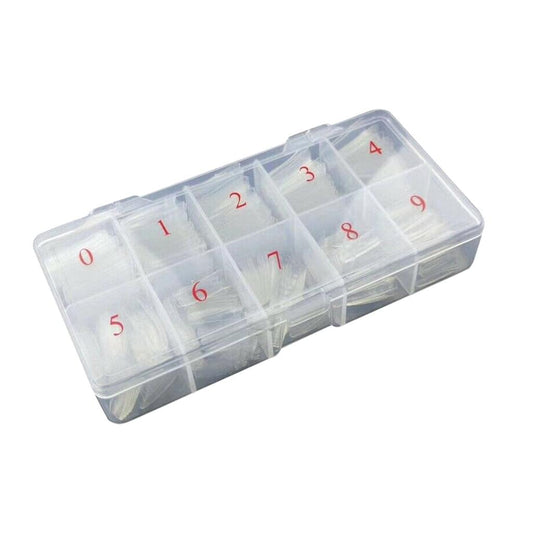 Clear acrylic French nail tips with numbered organizer storage box