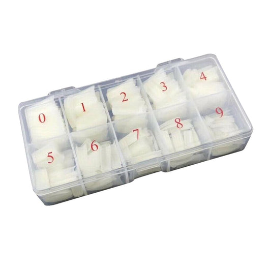 Clear and natural French nail tips in plastic storage box with size numbers