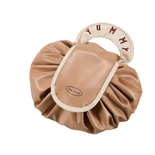Ruffled drawstring cosmetic bag with top handle, tan faux-leather look