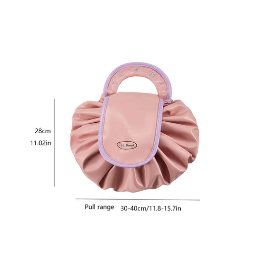 Ruffled drawstring cosmetic bag with handle, dusty pink with lavender trim