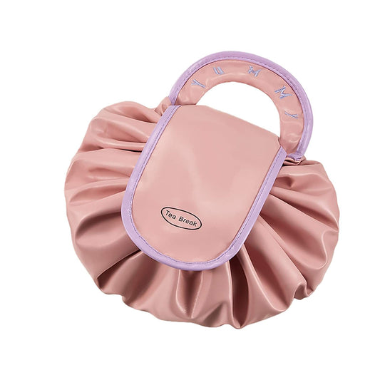 Pink ruched drawstring cosmetic bag with oval carry handle and stitched trim
