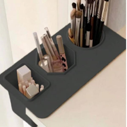 White desk organizer with three cubby pen trays and cup for brushes