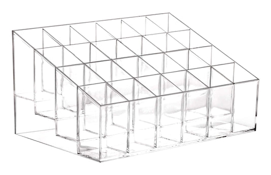Transparent acrylic makeup organizer with multiple upright compartments for lipsticks