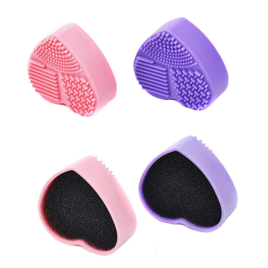 Heart-shaped brush cleaner set: pink and purple silicone pads with black sponge inserts
