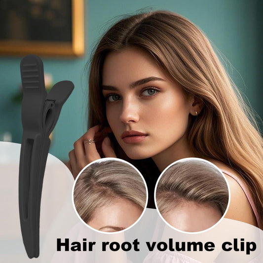 Black hair root volume clip for lifting roots, shown near scalp on model