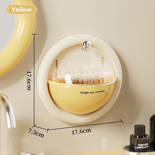 Yellow wall-mounted circular cotton pad holder with flip cover and mesh grid