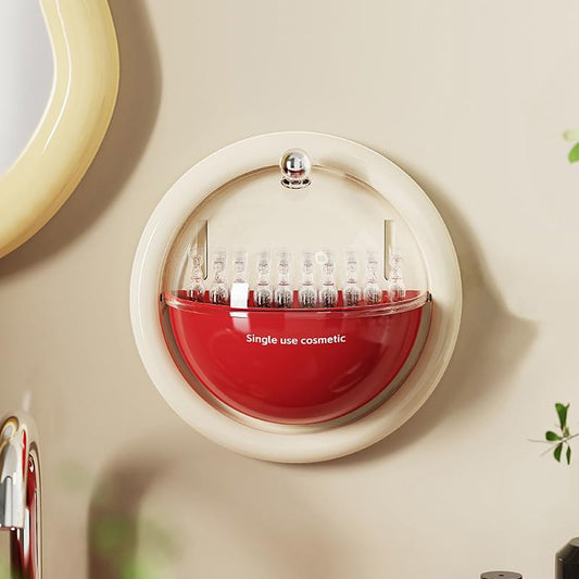 Circular cotton pad holder with red interior and clear flip-top cover